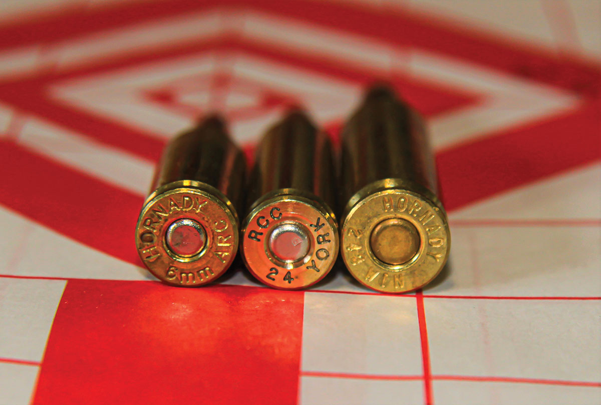 The 24 York, middle, was loaded in RCC brass manufactured on special order for Oregunsmithing. The 6mm ARC, at left and 243 Winchester at right, are shown for comparison.